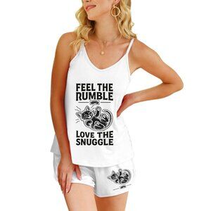 Feel the Rumble, Love the Snuggle - Women's White Camisole Cami Cat Pajama Set